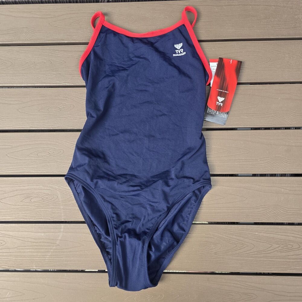 TYR Womens Durafast Navy/red Ringback One Piece Swim Sz Measures 32 (Marked 34)